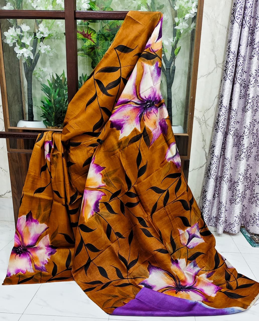 Sai Creation brown and purple hand-painted silk sari