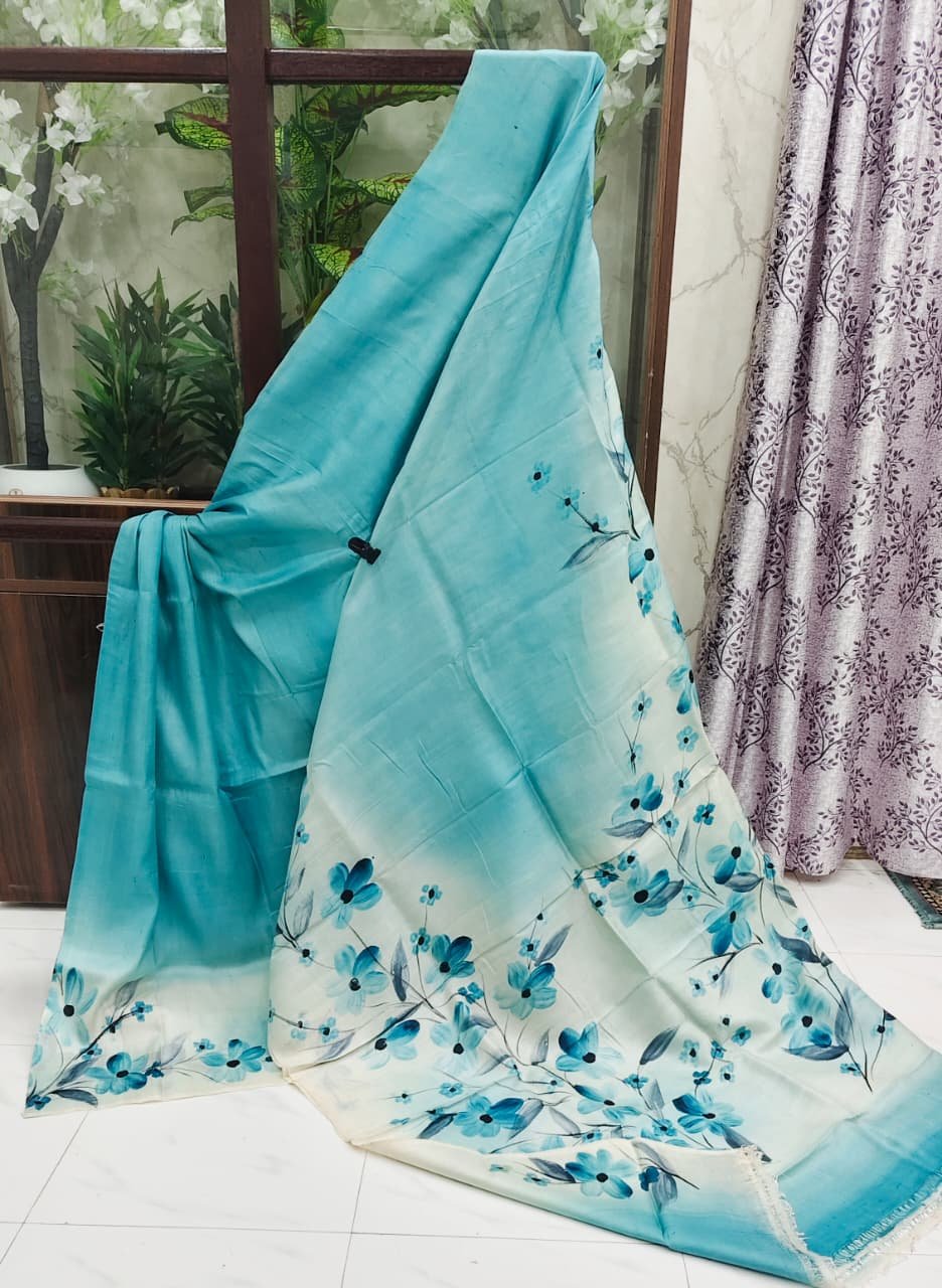 Blue and white hand-painted floral sari