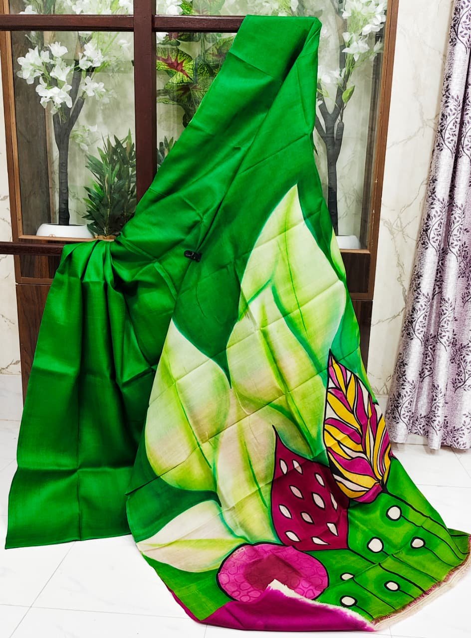 Green sari with hand-painted lotus motif