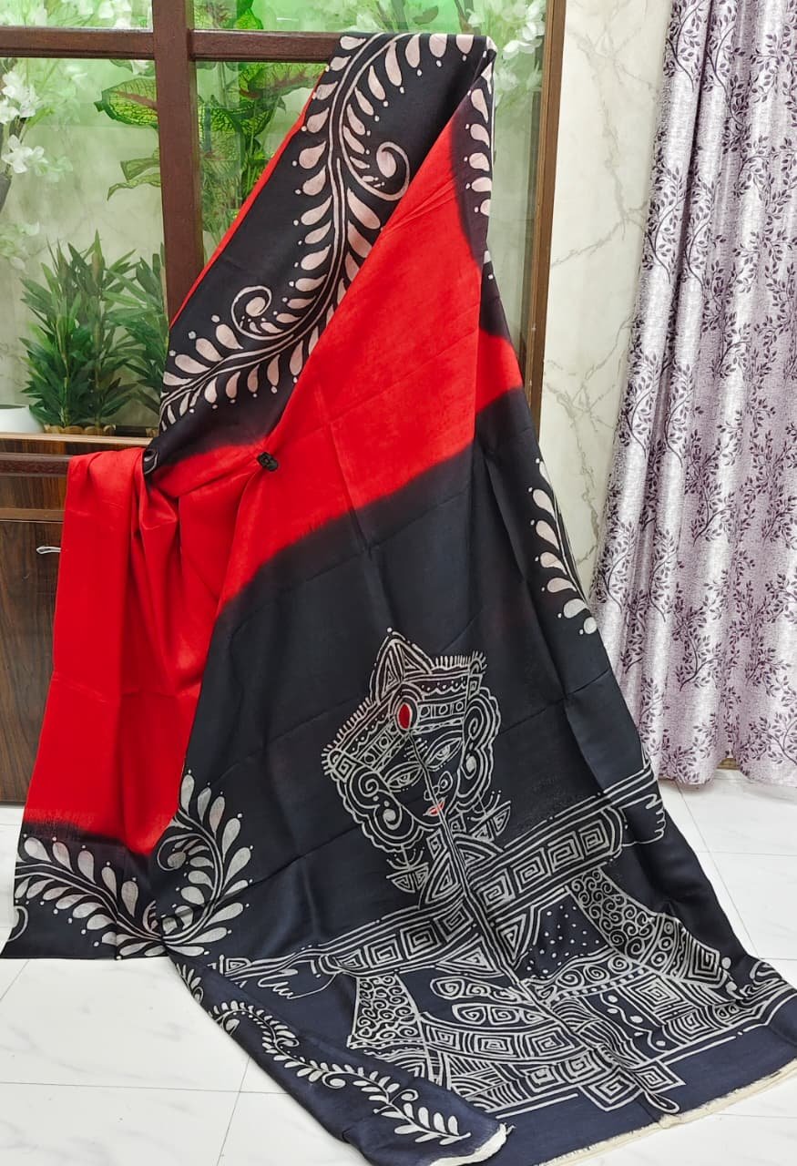 Red and black sari with hand-painted tribal figure motif