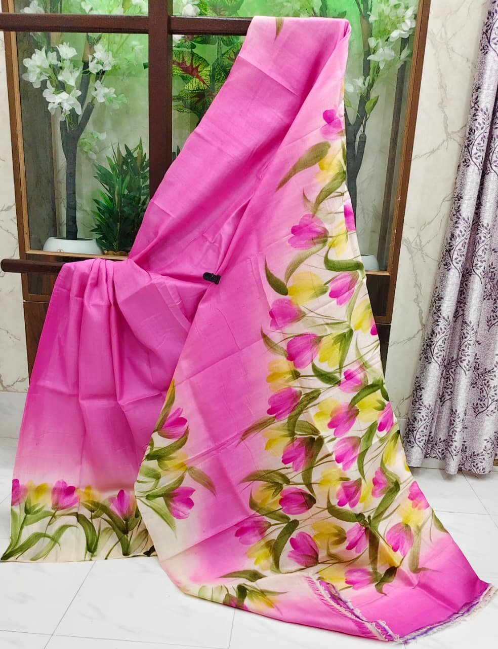 Sai Creation pink and yellow hand-painted cotton sari