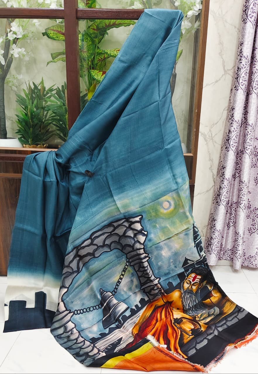 Teal sari with hand-painted temple mural scene