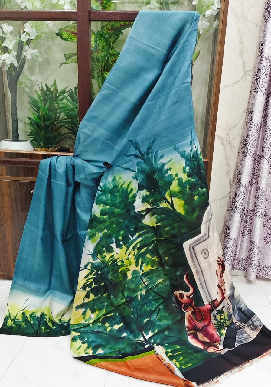 Teal sari with hand-painted temple mural and elephant motif