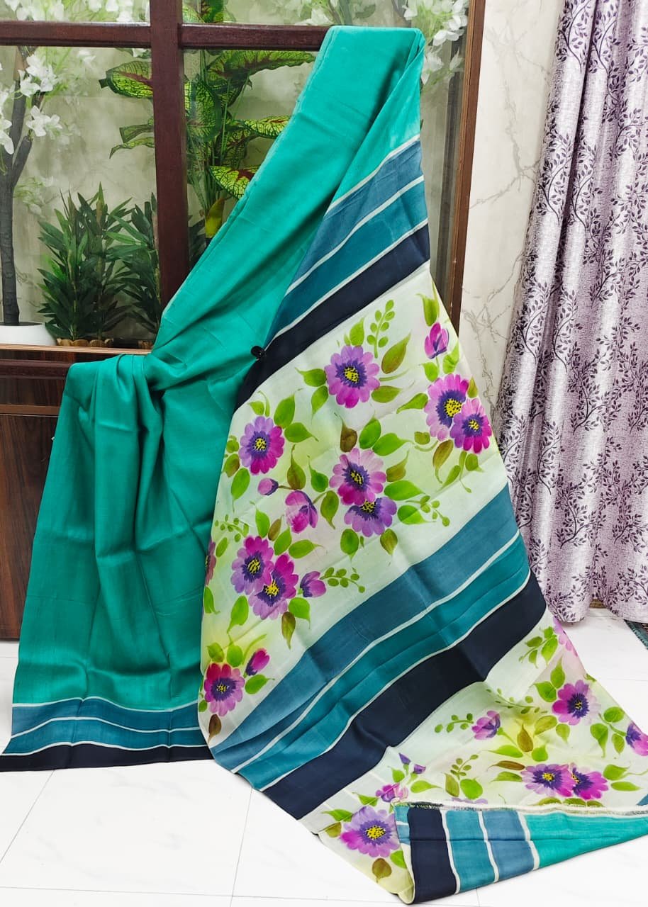 Teal and cream sari with hand-painted florals and stripes