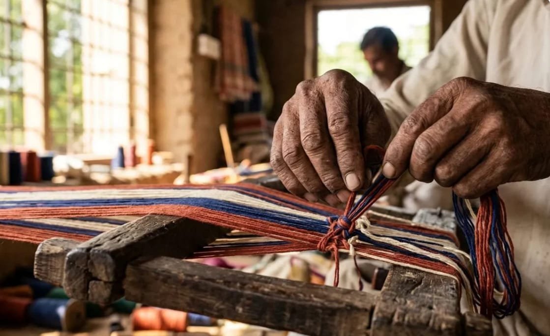 Kolkata artisan tying warp threads on a handloom