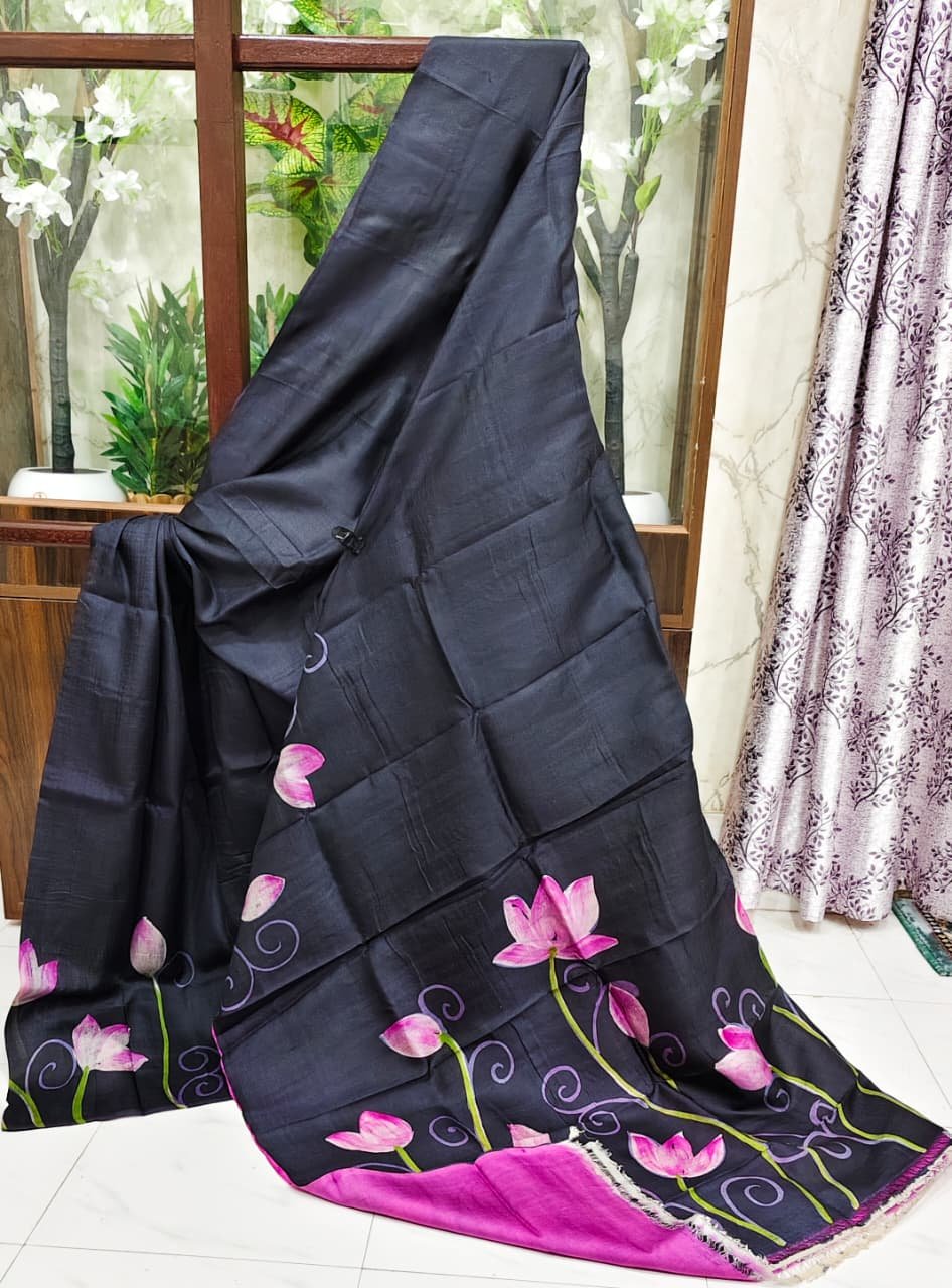 Sai Creation hand-painted black and pink lotus silk sari