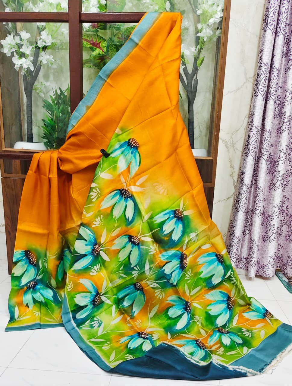 Sai Creation orange and teal hand-painted Tussar silk sari
