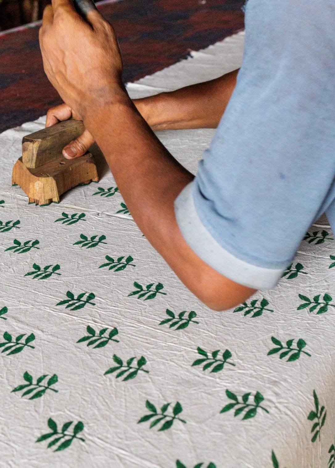 Hand block-printed jari cotton fabric with leaf motif