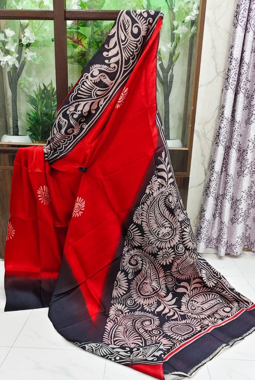 Red and black sari with hand-worked cut-work paisley border